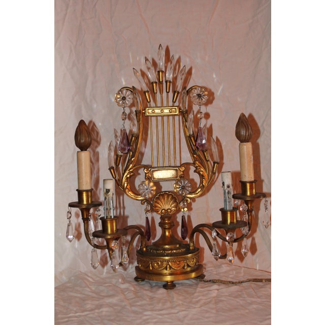 A French art deco Maison Bagues Lyre/ Harp back 4 light crystal table lamp/ girandole. Lavender crystal accents.