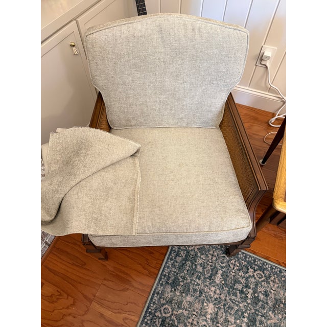 Beige Vintage Drexel Heritage Lineage Collection Cane Lounge Chair With New Neutral Upholstery For Sale - Image 8 of 9