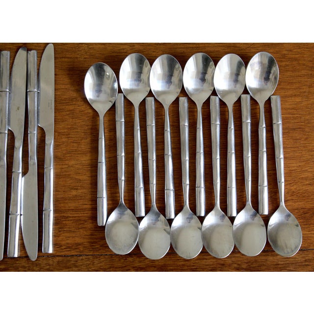 Vintage 1980s Stanley Roberts "Tiburon" Faux Bamboo Stainless Steel Flatware Set – 60 Pieces | Hollywood Regency Chinoiserie For Sale In Naples, FL - Image 6 of 14