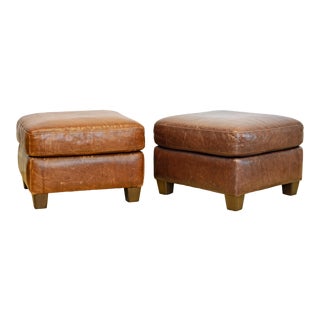 Pair of Tanned Leather Square Ottomans by Natuzzi, Italy, 20th C. For Sale