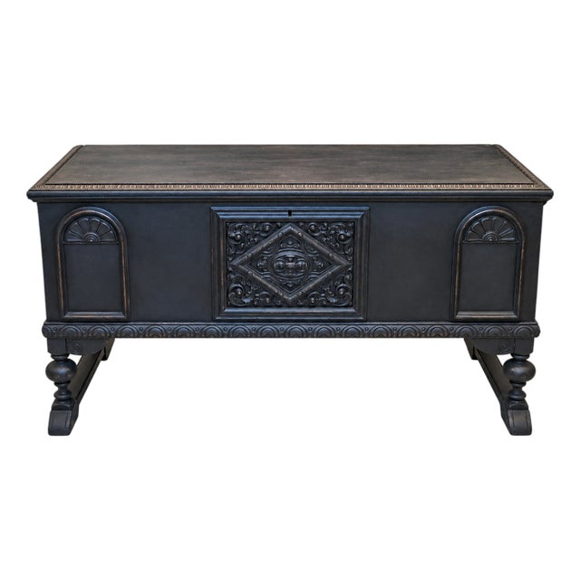 Antique West Branch Cedar Chest Carved Blanket Trunk Annie Sloan Black 48" For Sale
