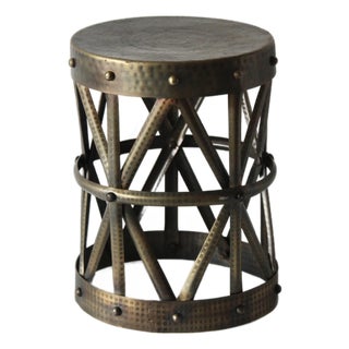 1980s Sarreid Style Colonial Brass Finish Drum X Table Stool Mid-Century For Sale