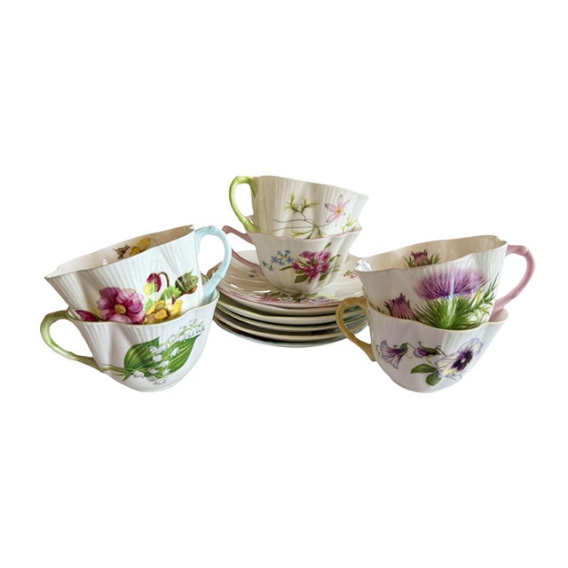 Shelley, English Porcelain Spring Flowers Set of 6 Teacups & Saucers For Sale