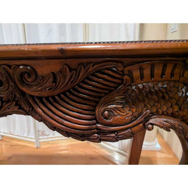 Brown Antique Louis XV Style Inlaid Walnut/Kingwood/Mahagony and Maple Parquetry Featuring Ornate Carvings, Cabriole Legs and Center Figural Carvings For Sale - Image 8 of 9