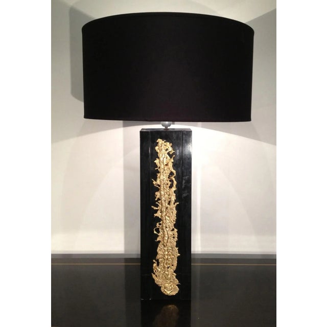 1970s French Black Lacquered Lamp with Decorative Bronze Element For Sale - Image 9 of 10