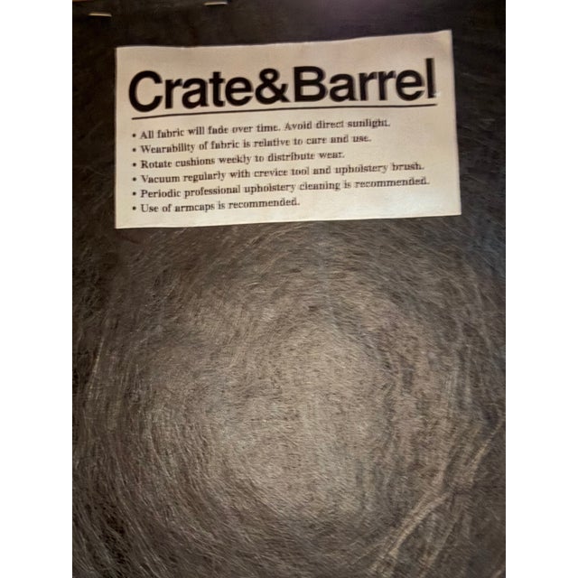 Set of 6 upholstered Crate & Barrel dining chairs in a beautiful moss and loden stripe. Medium brown legs. 2 end chairs...