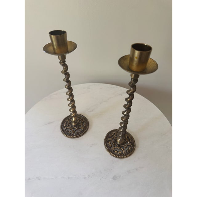 1960s Pair Vintage Israeli Brass Barley Twist Candlesticks | Made in Israel | Pierced Scrollwork Base | Judaica | Shabbat Candle Holders | Mid-Century Brass For Sale - Image 5 of 5