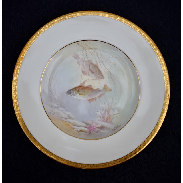 Set of 6 Antique Minton for Tiffany Hand Painted Fish Cabinet Plates Gold Rim For Sale - Image 10 of 18