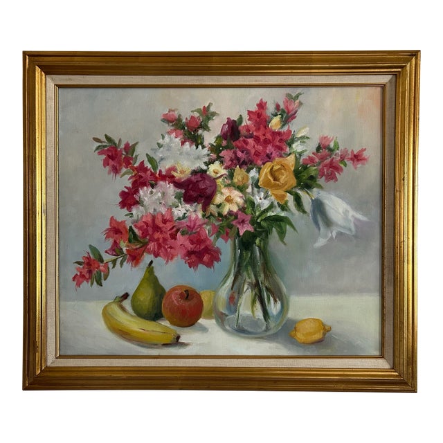 Vintage Large Impressionist Floral Still Life With Fruit Oil Painting in Gold Frame For Sale