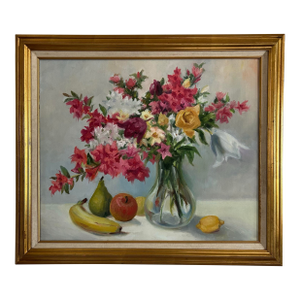Vintage Large Impressionist Floral Still Life With Fruit Oil Painting in Gold Frame