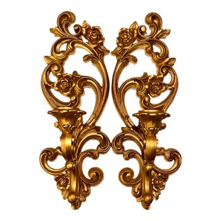 Hollywood Regency Vintage 1970s Gold Candle Wall Sconces, Homco - a Pair For Sale