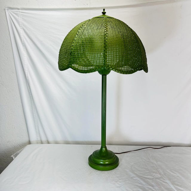 Mid 20th Century Mid Century Modern Metal Lamp With Scalloped Bottom Wicker Shade For Sale - Image 5 of 7