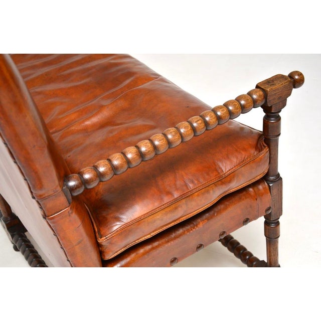 Antique Leather and Carved Oak Bobbin Sofa, 1890 For Sale - Image 10 of 13