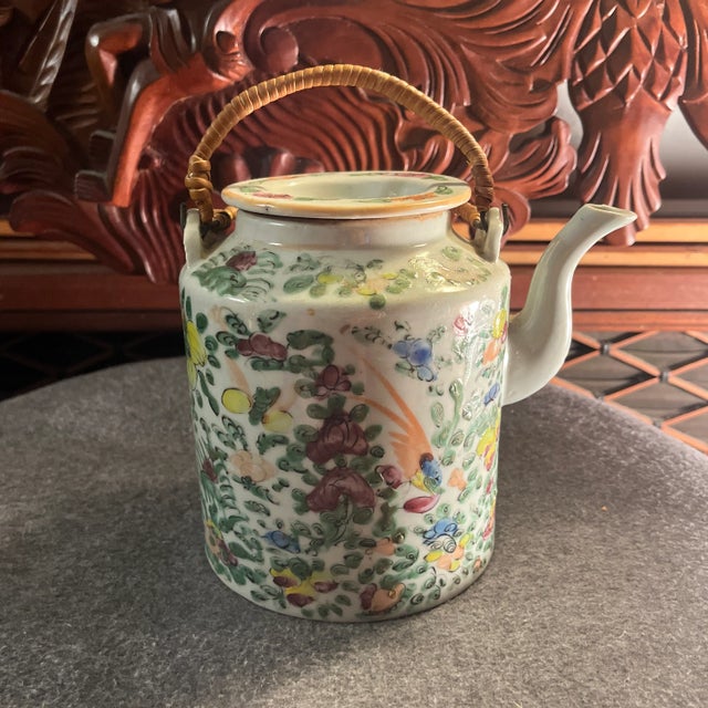 Antique Famille Rose Porcelain Tea Pot With Insulated Wicker Basket For Sale - Image 13 of 13