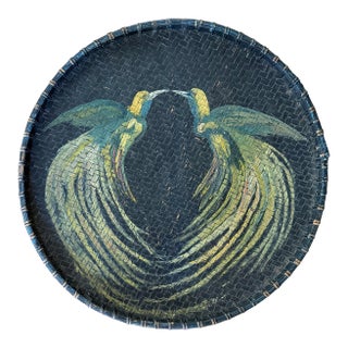 Large Vintage Wicker Basket Tray With Hand Painted Birds of Paradise For Sale