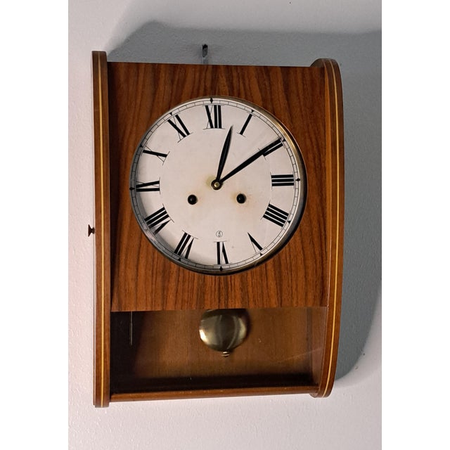Mid-Century Modern Vintage Teak Mechanical Pendulum Wall Clock Mid‑Century Modern Ejs Dial For Sale - Image 3 of 14