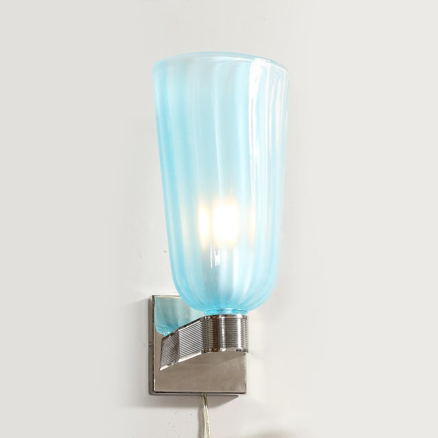 2020s Pair of Modernist Hand-Blown Murano Arctic Blue Fluted Glass Sconces & Nickel For Sale - Image 5 of 16