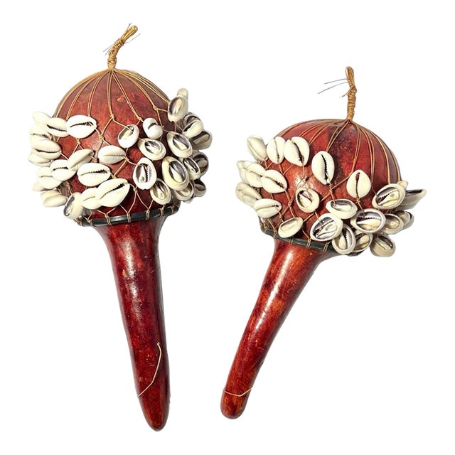 Pair of Dried Maasai Gourd Cowrie Shell Musical Shaker Percussion Instrument African Decor For Sale