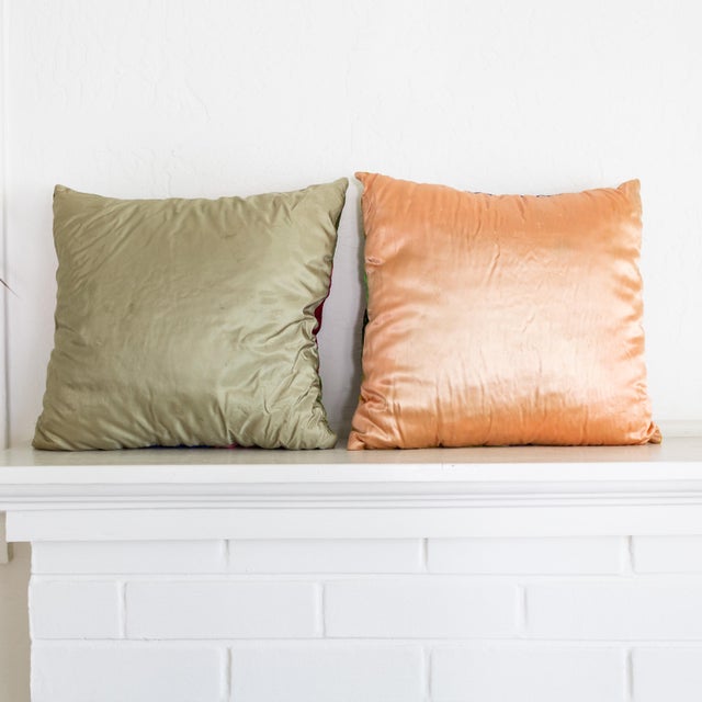 Bright Pink Velvet Crazy Quilt Multi Colored Patchwork Accent Pillows | Pair of Two For Sale - Image 8 of 12