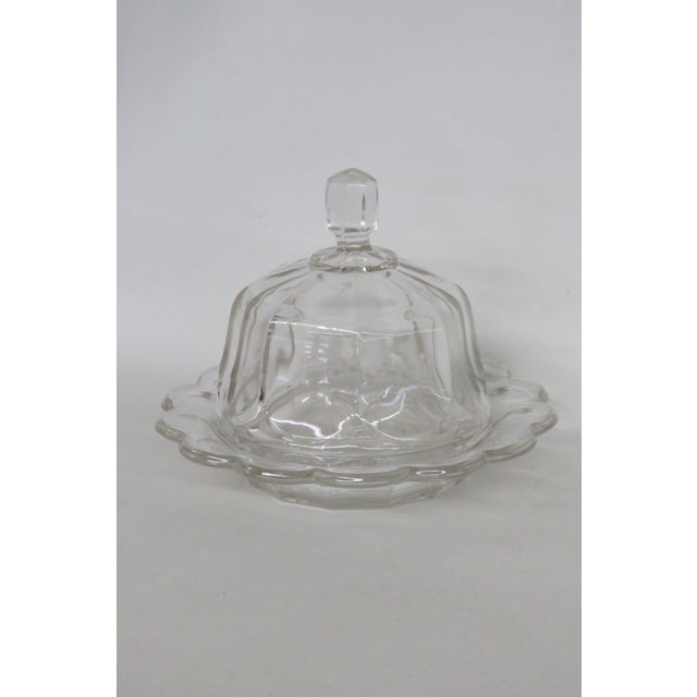Mid 20th Century Clear Pressed Glass Covered Butter Cheese Serving Dish Petal Scalloped Rim For Sale - Image 4 of 16