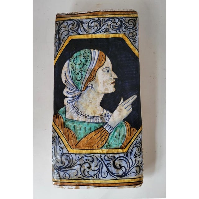 Traditional Pair Italian Hand-Painted Majolica Renaissance Portrait Wall Plaques – Mid-20th-Century For Sale - Image 3 of 6