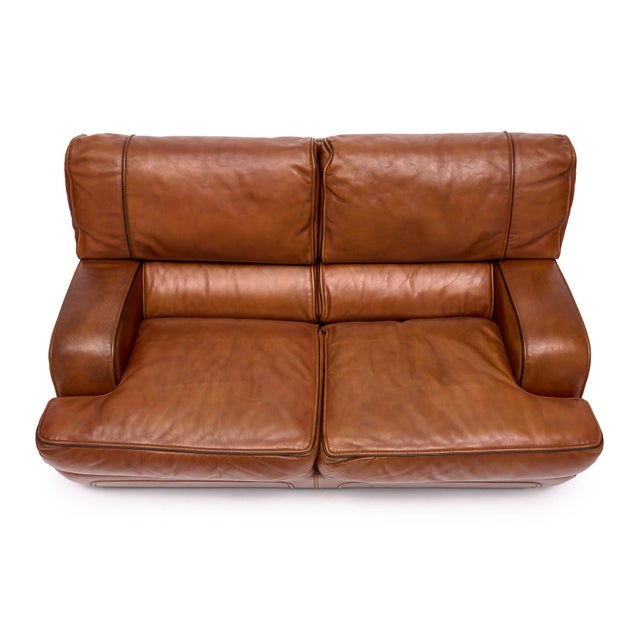 1970s Italian Modernist Cognac Large Two Seat Leather Sofa For Sale - Image 5 of 9