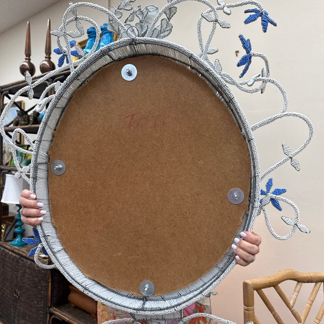 White Hand Beaded Oval Mirror With Wired Floral Embellishments For Sale - Image 8 of 9