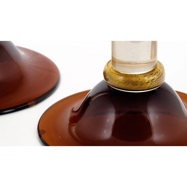 Murano Amber & "Avventurina" Glass Candlesticks - a Pair For Sale - Image 9 of 10