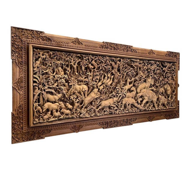 English Monumental Indonesian Architectural Carved Teak Relief Wall Panel For Sale - Image 3 of 16