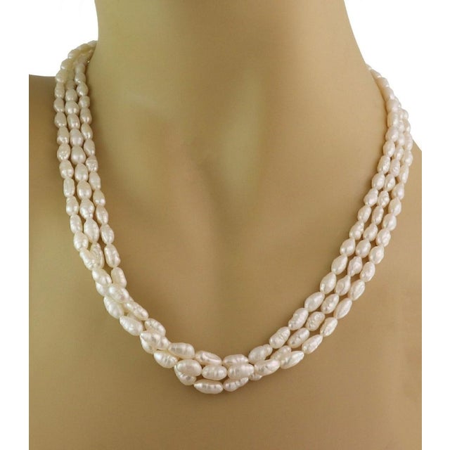 Diamond & Gems 14k Gold Three Strand Freshwater Rice Pearls Necklace For Sale - Image 4 of 7