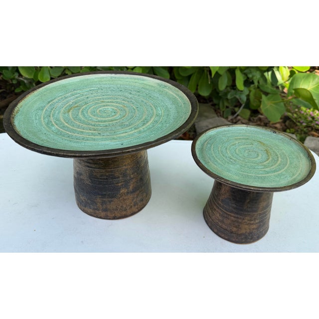Vintage Organic Modern Studio Pottery Pedestal Bowls, Graduated Pair For Sale - Image 4 of 12