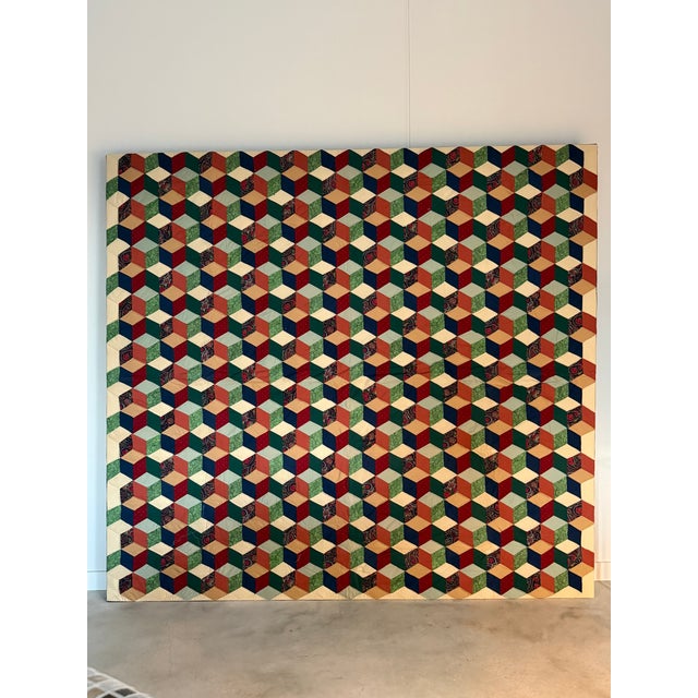 Green Monumental Tumbling Blocks Quilt Modern Americana Hand-Stitched Contemporary Art For Sale - Image 8 of 16