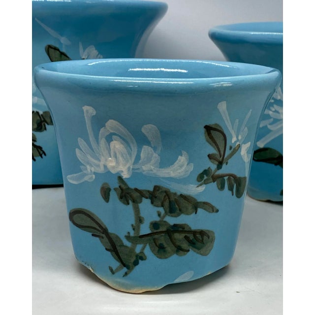 Shabby Chic Mid 20th Century HandPainted French Blue Ceramic Planter Flower Pots - Set of 3 For Sale - Image 3 of 13
