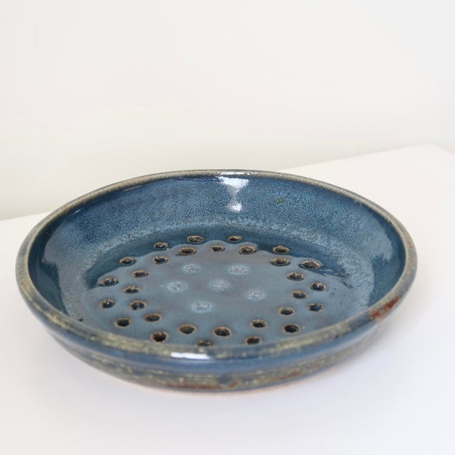 Late 20th Century Signed Studio Pottery Ceramic Colander Dish in Mottled Blue Glaze For Sale - Image 5 of 15