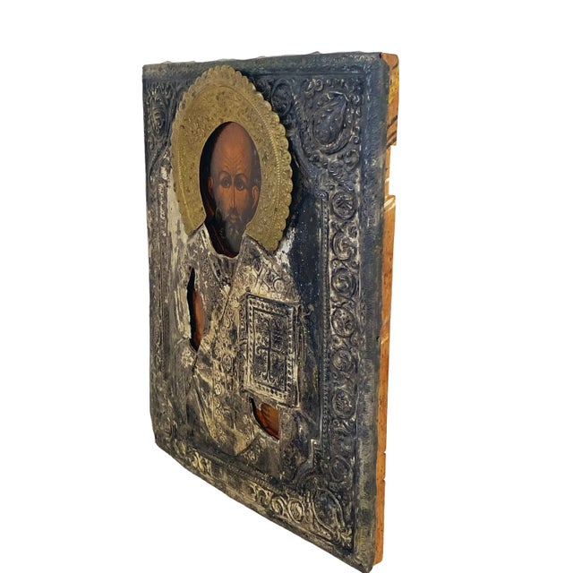 Rustic European Rare 19th C Russian Icon of St. Nicholas W/Silver Oklad 12" H For Sale - Image 3 of 8