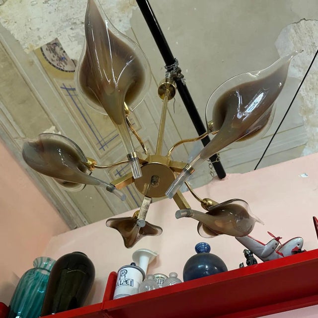 1970s Mid-Century Modern Brown Murano Glass and Brass Chandelier by Franco Luce For Sale - Image 6 of 11