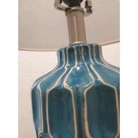 Blue Moroccan Style Lamp Ocean Blue Handpainted Ceramic Bedroom Decor W Shade For Sale - Image 8 of 15