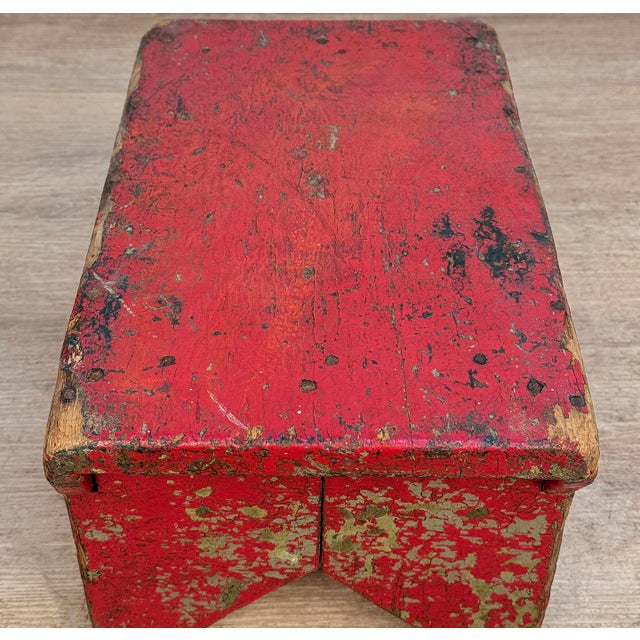 Wood Antique Primitive Farmhouse Red Wood Milking Foot Stool For Sale - Image 7 of 9
