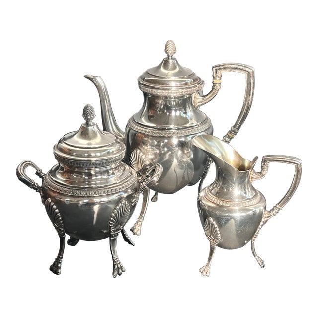 Antique Neoclassical French Silver-Plate Teapot Set Creamer & Sugar Box- 3 Pieces For Sale