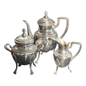 Antique Neoclassical French Silver-Plate Teapot Set Creamer & Sugar Box- 3 Pieces