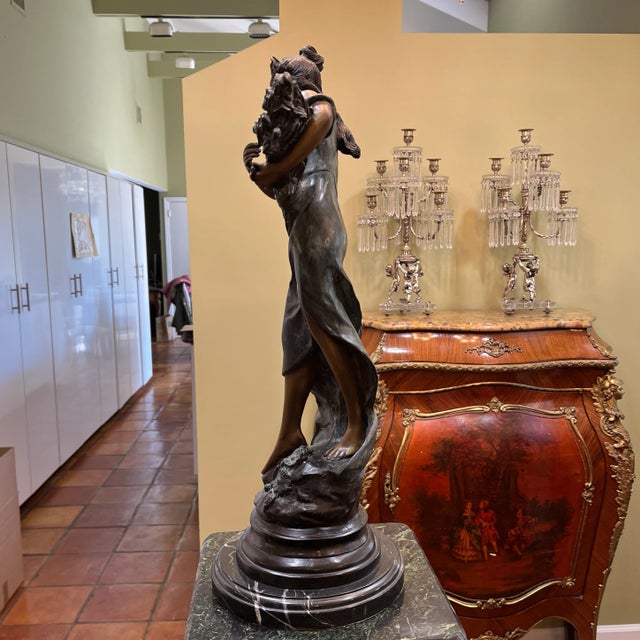 French Bronze Statue Young Lady With Bouquet of Flowers For Sale - Image 3 of 10