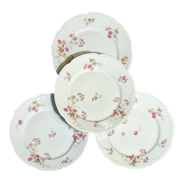 Antique French Limoges Pink Floral Embossed Dinner Plates - Set of 4 For Sale