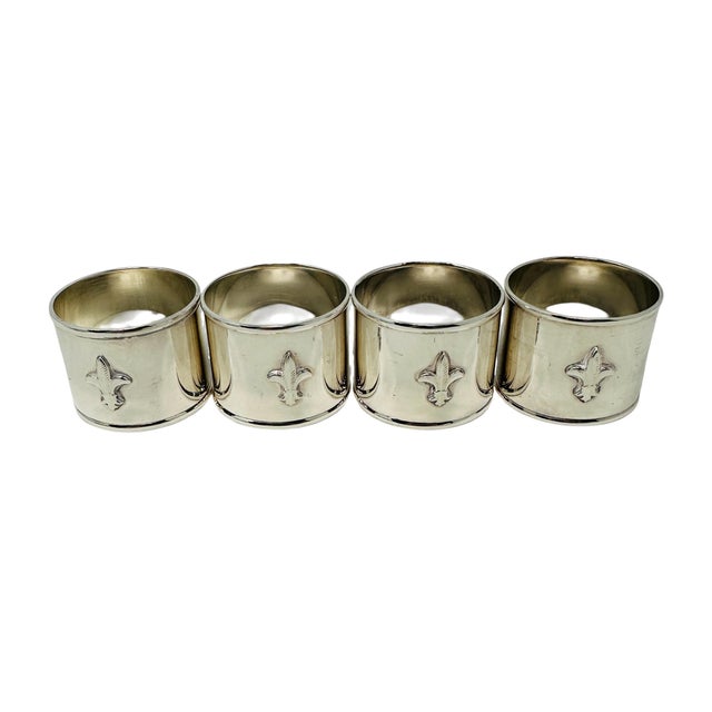 Pottery Barn Vintage Pottery Barn Hotel Collection Fleur-De-Lis Silverplate Napkin Rings - Set of 4 For Sale - Image 4 of 11
