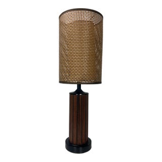 Mid-Century Modern Gruvwood Walnut Table Lamp With Cane Shades For Sale