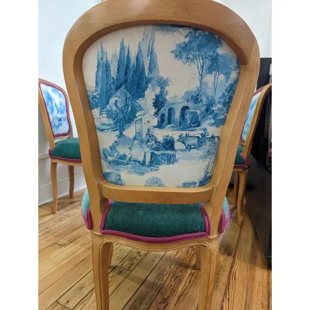 French Louis XVI Style Chairs in Clark and Clark Toile Fabric With Kravet Emerald Green Chenille Seats - Set of 4 For Sale - Image 3 of 6