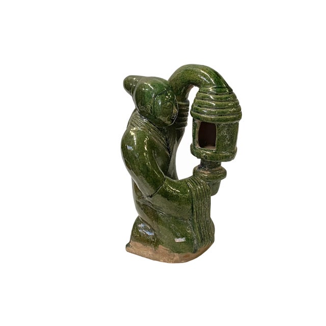 Asian Vintage Oriental Ceramic Green Man Hold Lamp Shape Display Figure For Sale - Image 3 of 6