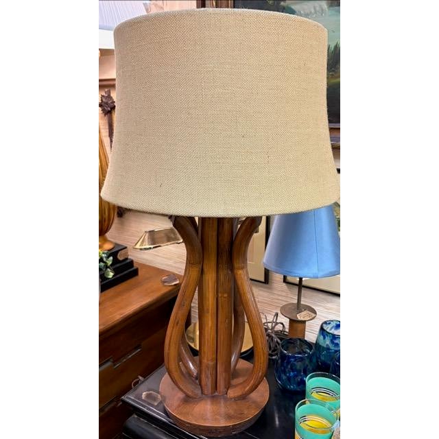 Mid-Century Modern Mid Century Walnut Table Lamp With Original Burlap Linen Shade For Sale - Image 3 of 5