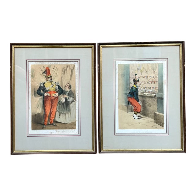 Antique Framed Military Caricature Prints - Pair For Sale