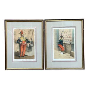Antique Framed Military Caricature Prints - Pair