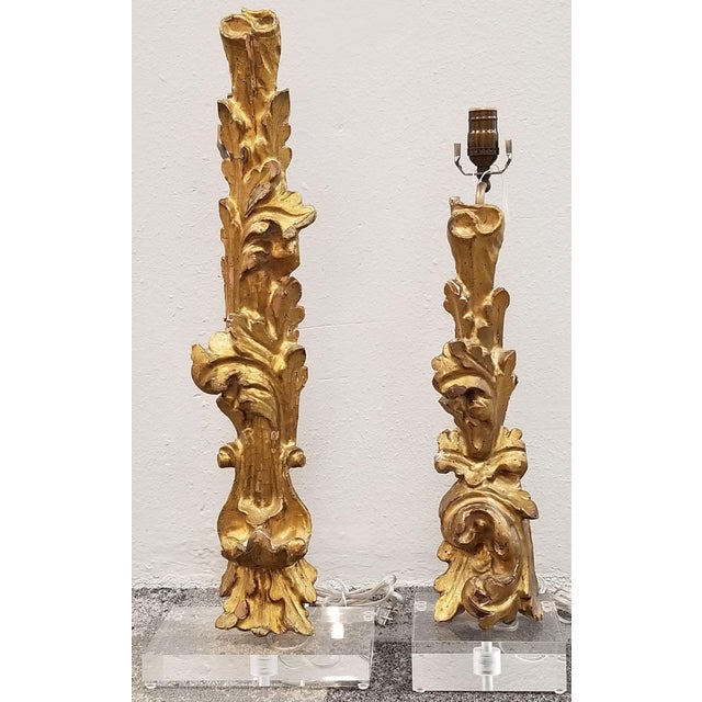 Giltwood Hand Carved Lamps on Acrylic Bases; One With Adjustable Height Pair For Sale - Image 9 of 9
